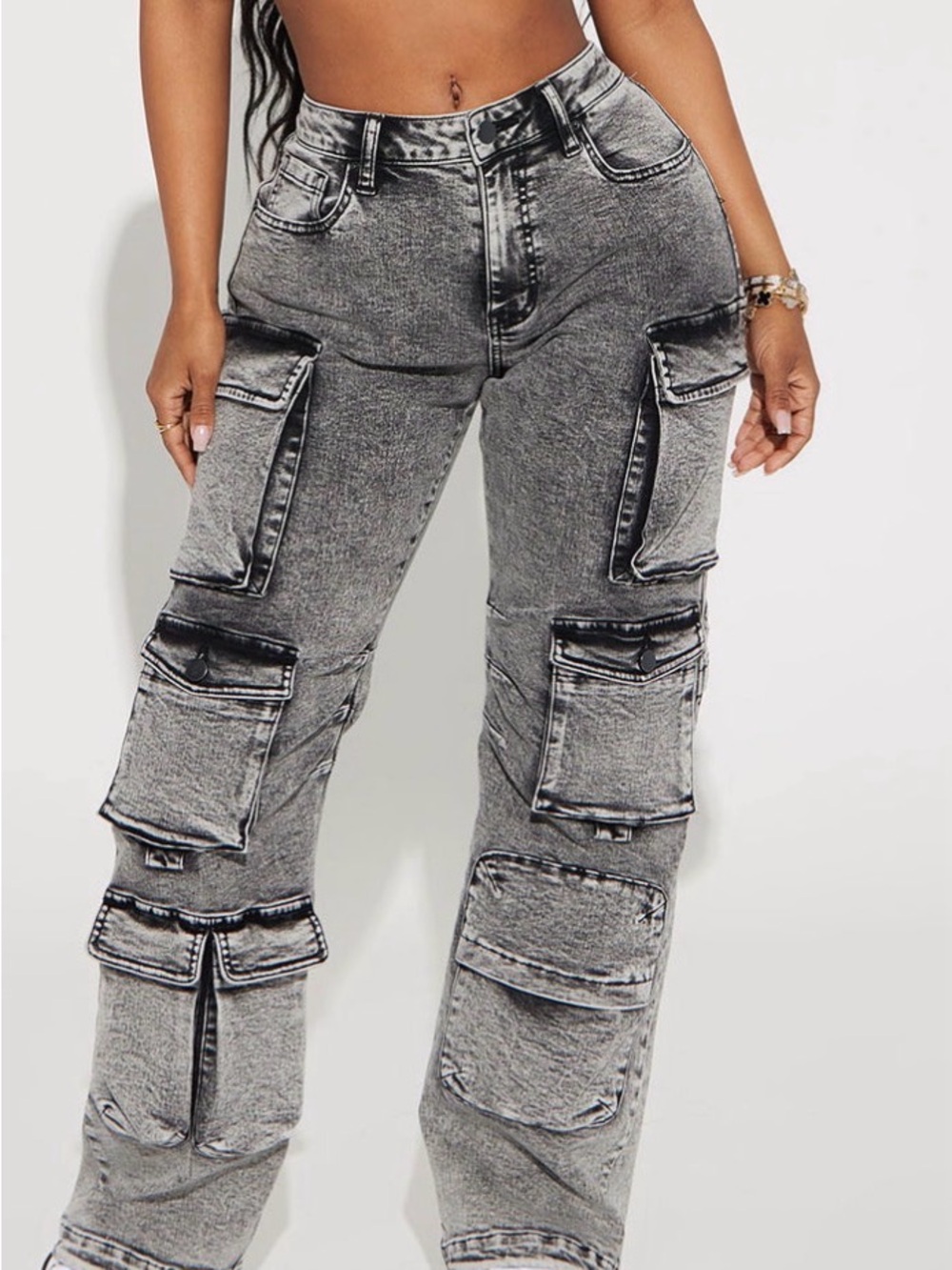 Fashion Nova High-Rise High Stretch Acid Wash Gray Cargo Jeans for Women Size 15